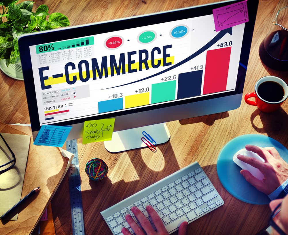 Global E-commerce Concept: Internet Marketing and Online Purchasing.