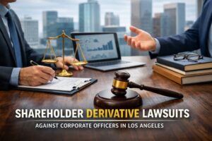 Shareholder derivative lawsuit concept with legal documents, gavel, scales of justice, and business professionals in Los Angeles office